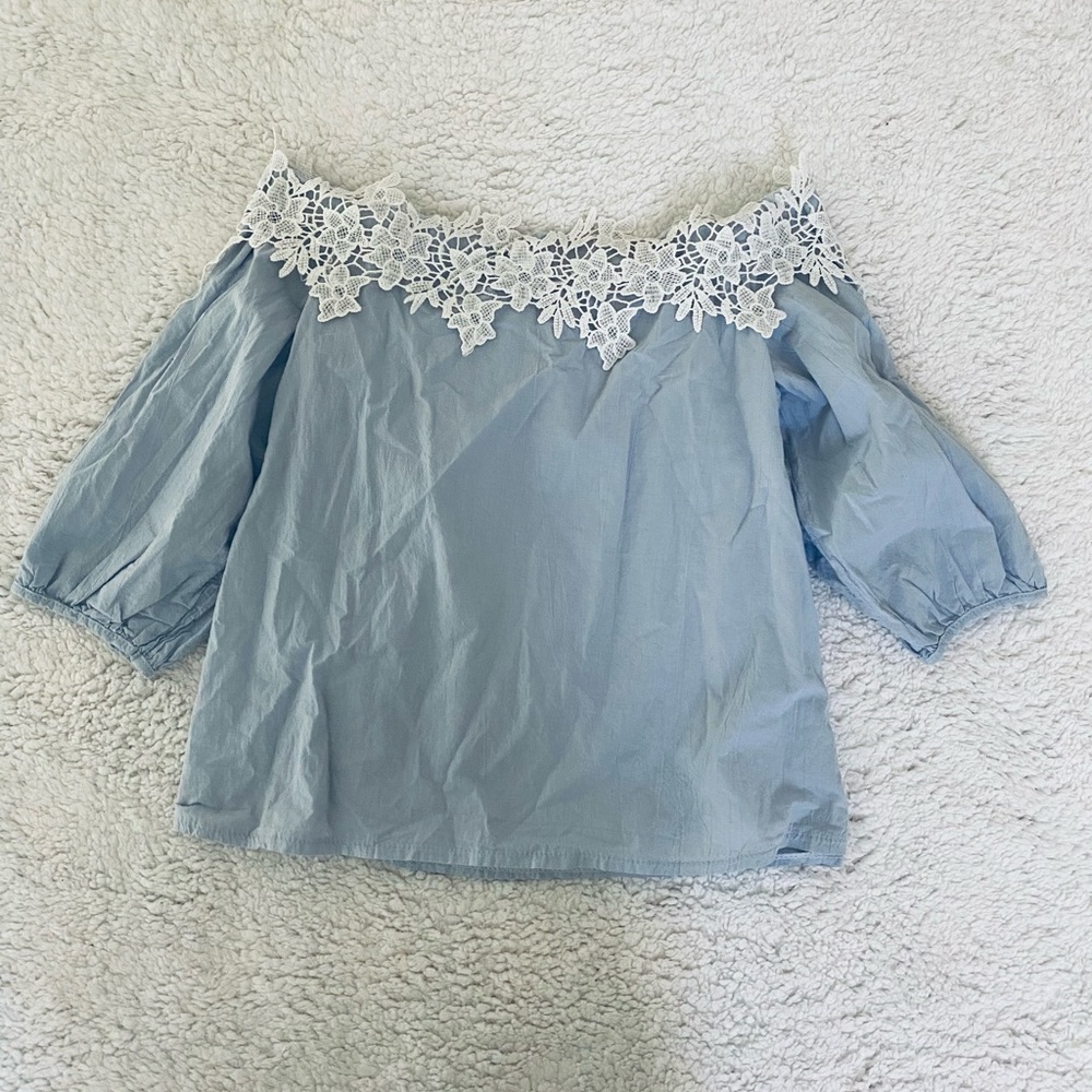 Off the shoulders, floral embroidered, linen like material blouse